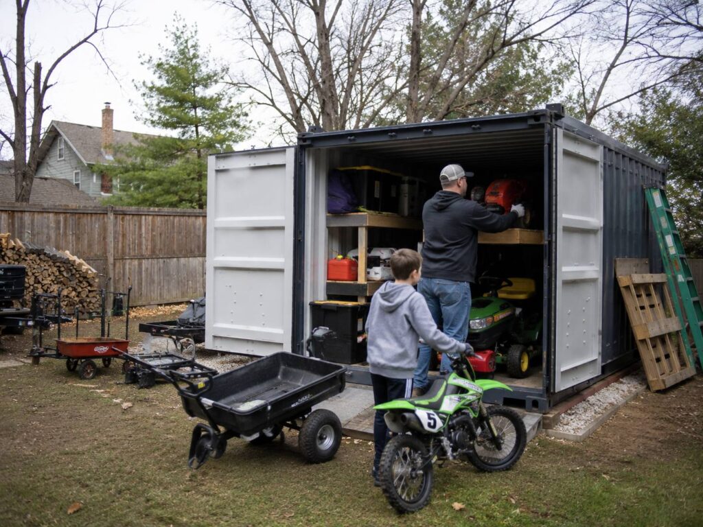 Family using a shipping container for backyard storage of equipment and gear