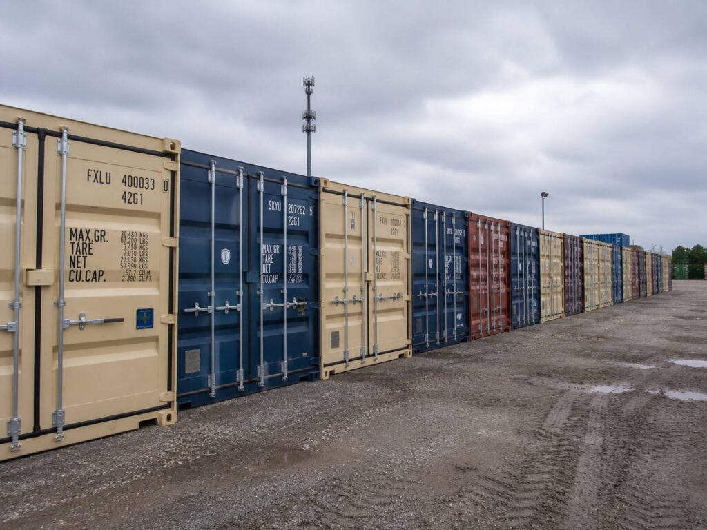 Row of new and used shipping containers in various colors ready for sale