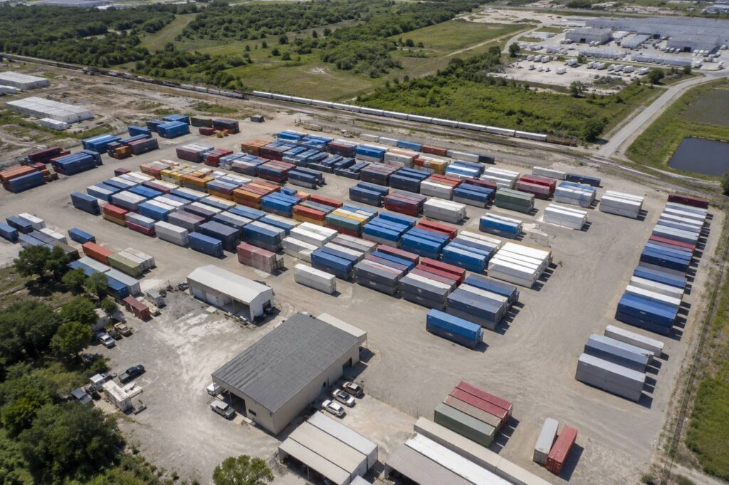 Aerial view of a large shipping container storage and logistics yard