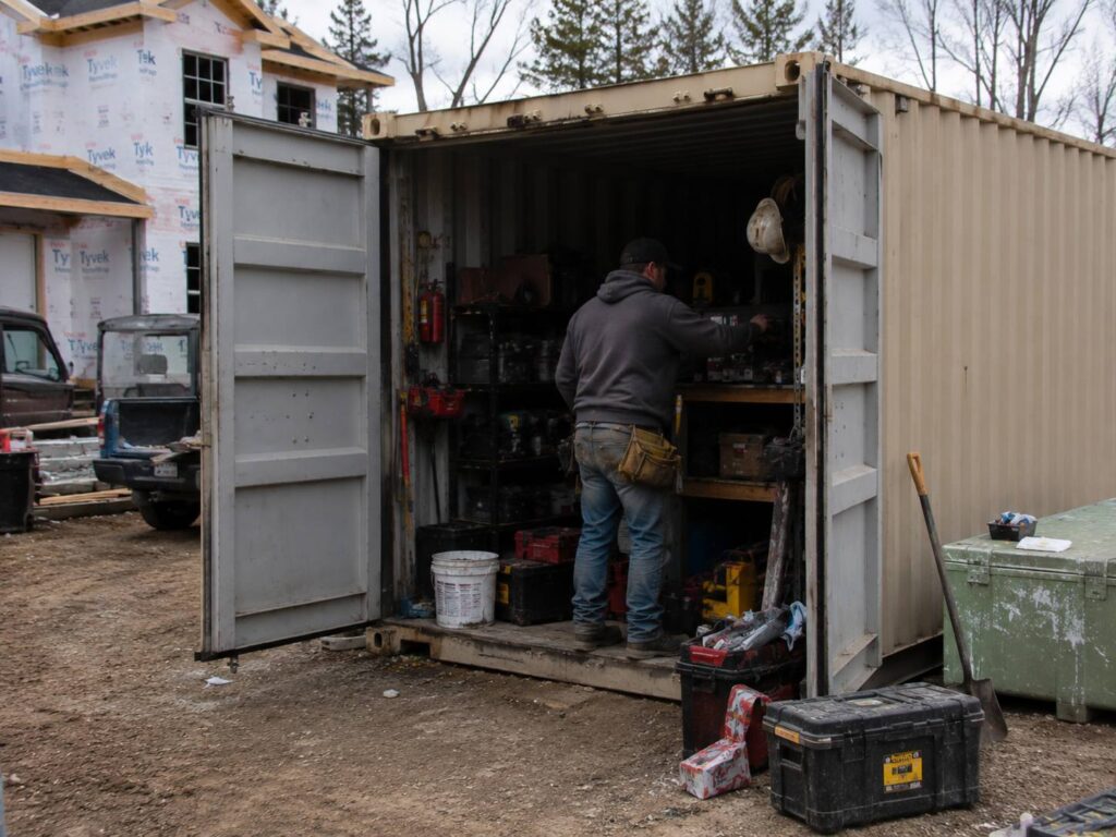 Worker organizing tools inside a shipping container used for secure job site storage